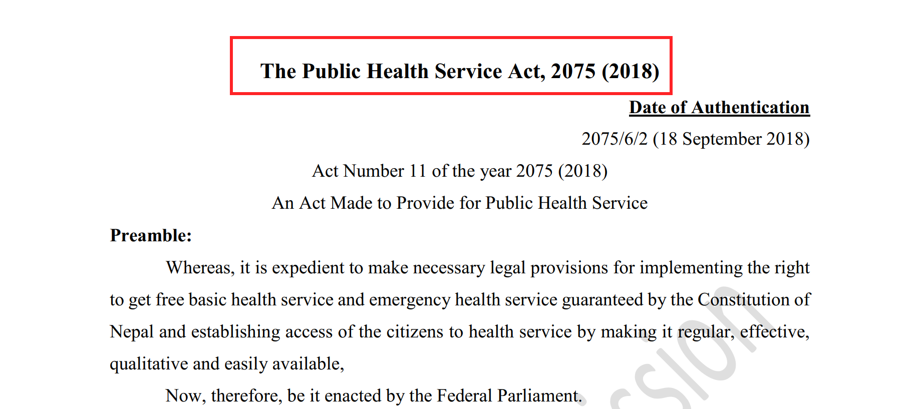 Public Health Service Act, 2075 (2018) (English Version) | E. Health ...